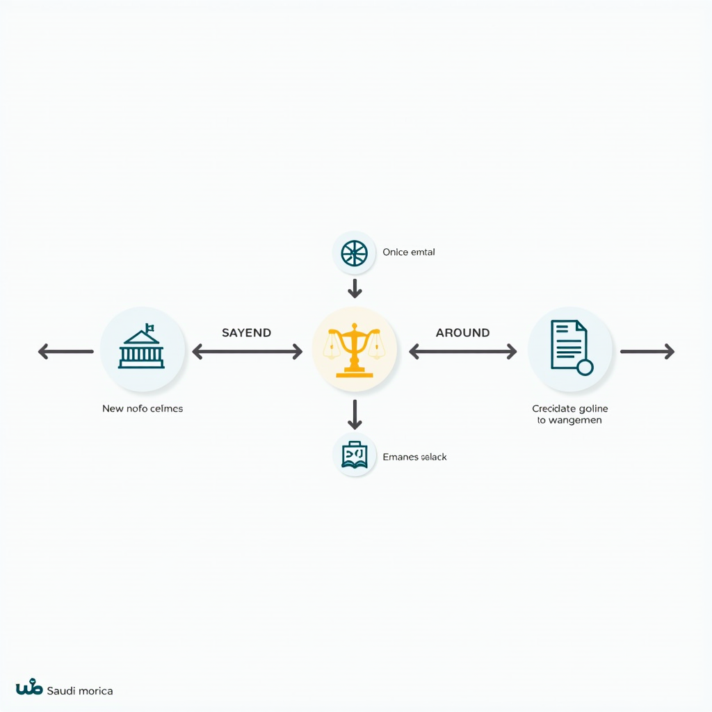 رسم تخطيطي تعليمي يوضح سير عمل تقديم الاستفسارات الإدارية في المملكة العربية السعودية، يظهر الخطوات من البداية حتى النهاية مع أيقونات توضيحية للبوابات الحكومية والوثائق المطلوبة