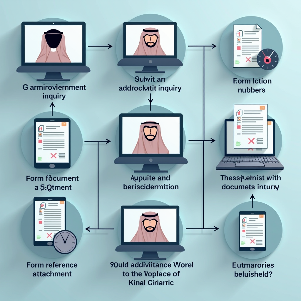 مخطط توضيحي يوضح سير عمل تقديم الاستفسار الإداري عبر البوابات الحكومية الإلكترونية في المملكة العربية السعودية، يبدأ من تسجيل الدخول مروراً بتعبئة النموذج وإرفاق المستندات وصولاً إلى استلام رقم المرجع ومتابعة الحالة والحصول على الرد النهائي