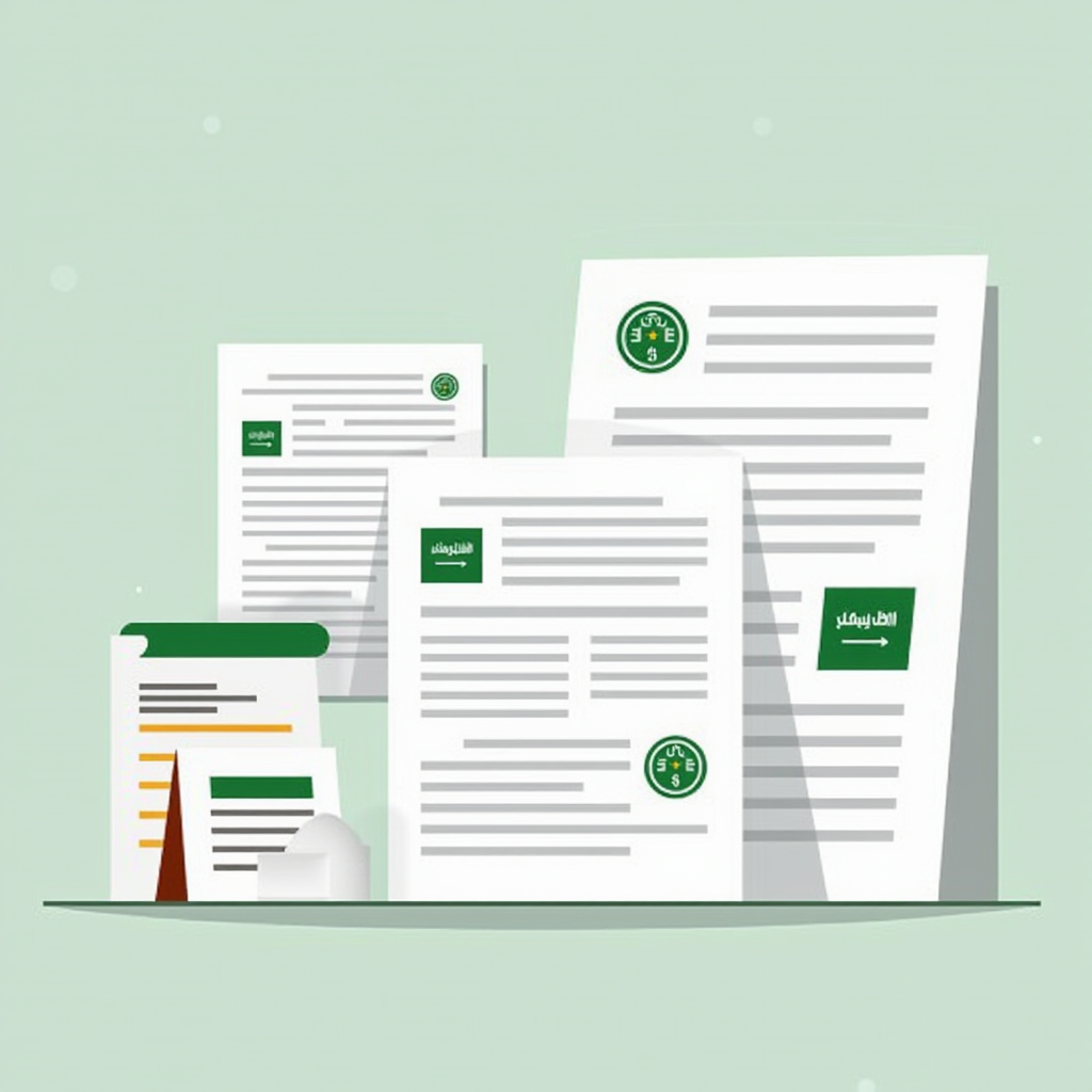 صورة توضيحية تظهر مستندات رسمية ونماذج حكومية مع رموز تمثل الإجراءات الإدارية في المملكة العربية السعودية، بتصميم احترافي باللون الأخضر الملكي والرمادي