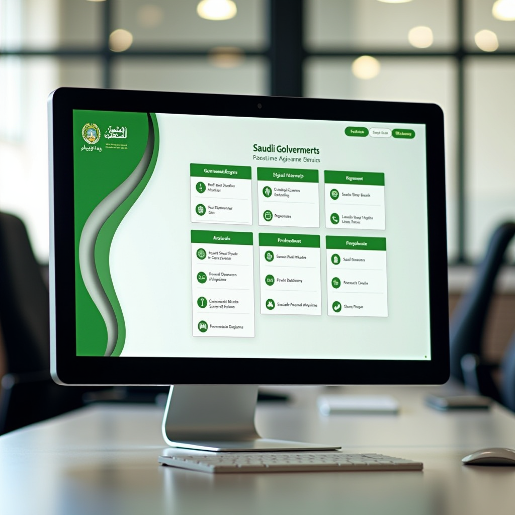 شاشة حاسوب تعرض واجهة منصة حكومية رقمية سعودية حديثة بتصميم أخضر وأبيض، مع أيقونات الخدمات الإلكترونية وشعار المملكة، في بيئة مكتبية احترافية مع إضاءة طبيعية