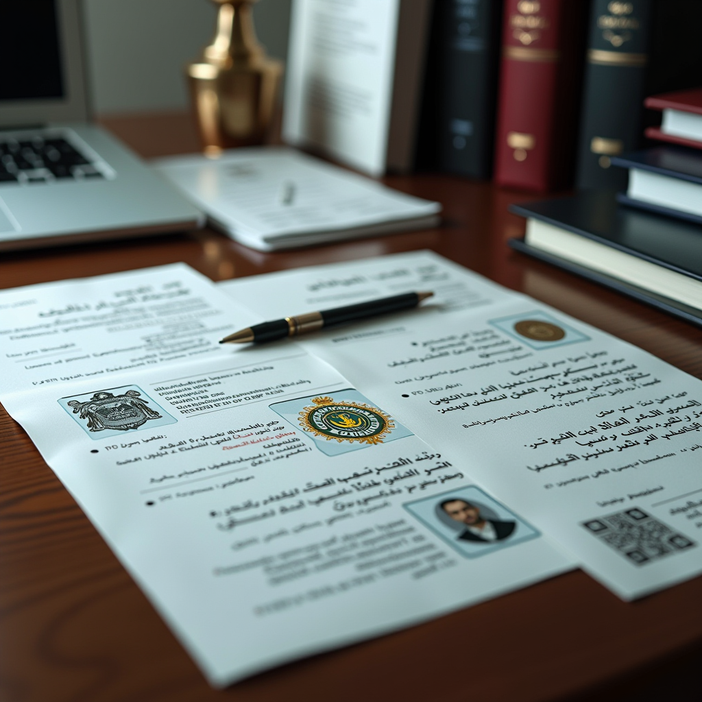 مستندات رسمية منظمة على مكتب مع ختم حكومي سعودي وأوراق هوية وطنية وملفات إدارية مرتبة بشكل احترافي