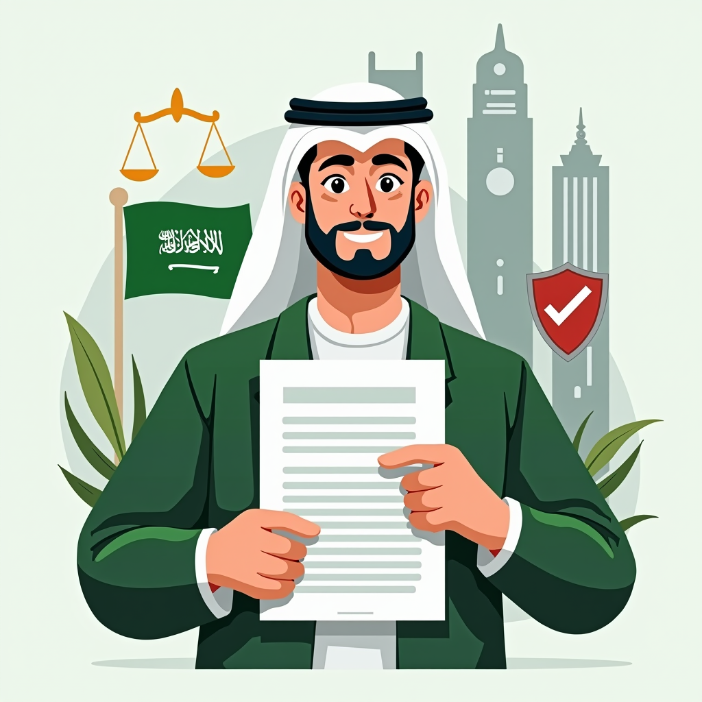 رسم توضيحي يُظهر مستهلكاً سعودياً واثقاً يحمل وثيقة حقوق المستهلك، محاطاً برموز تمثل الحماية القانونية مثل الدرع والميزان، مع خلفية تحتوي على عناصر من العلم السعودي والمباني الحديثة، بأسلوب احترافي وألوان خضراء ورمادية