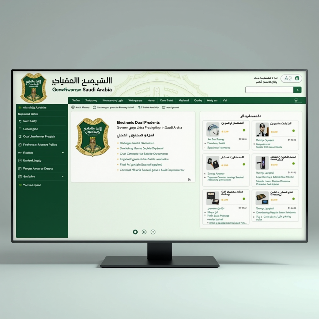 لقطة شاشة توضيحية لواجهة بوابة حكومية نموذجية في المملكة العربية السعودية، تظهر عناصر التنقل الرئيسية وخيارات المصادقة والخدمات الإلكترونية المتاحة للمواطنين والمقيمين