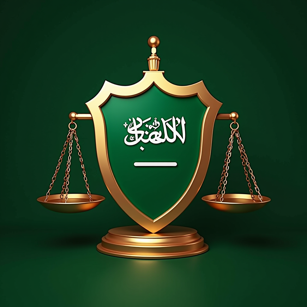 صورة رمزية تمثل حماية حقوق المستهلك مع رموز الدرع والميزان والعدالة، بتصميم يعكس النظام القانوني السعودي بألوان الأخضر والذهبي